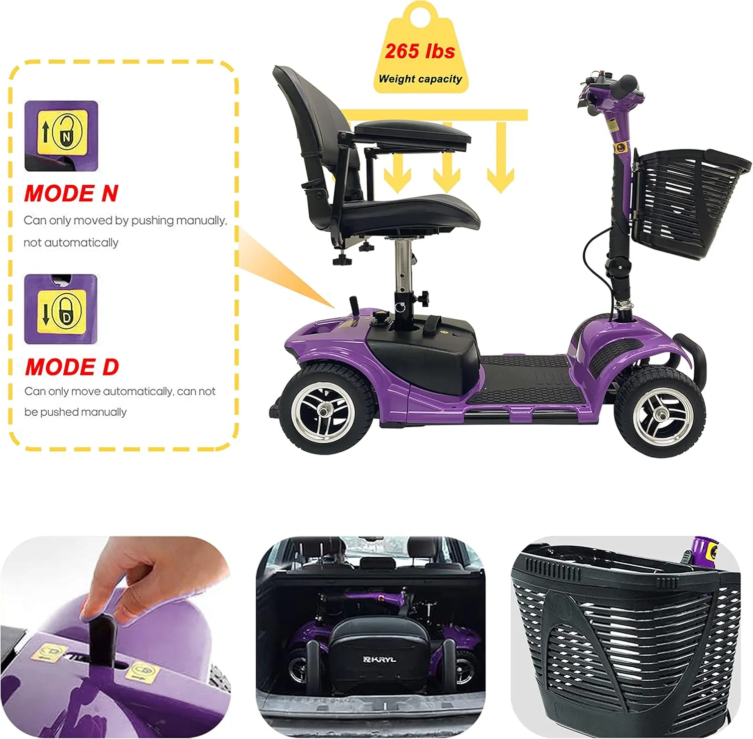 Battery Powered 4 Wheel Mobility Scooter for Seniors-Electric Scooter with Seat for Adults- Heavy Duty Structure for All Terrain Indoor Outdoor (Purple)