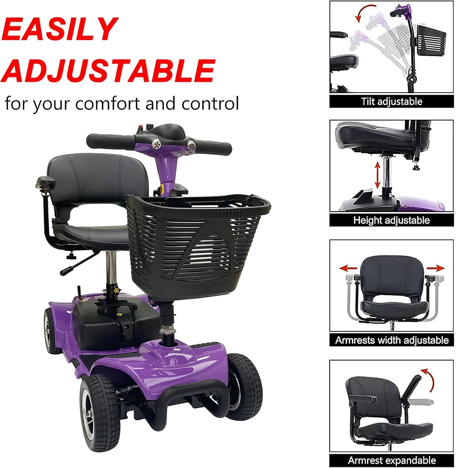 Battery Powered 4 Wheel Mobility Scooter for Seniors-Electric Scooter with Seat for Adults- Heavy Duty Structure for All Terrain Indoor Outdoor (Purple)