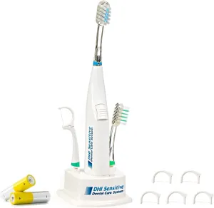 Battery Powered Toothbrush, Travel Toothbrush, Retractable Soft Bristle with Pressure Relief and Vibrating Floss Head, 5 Floss Clips,2 Brush Heads, Travel Pouch, Bathroom Stand