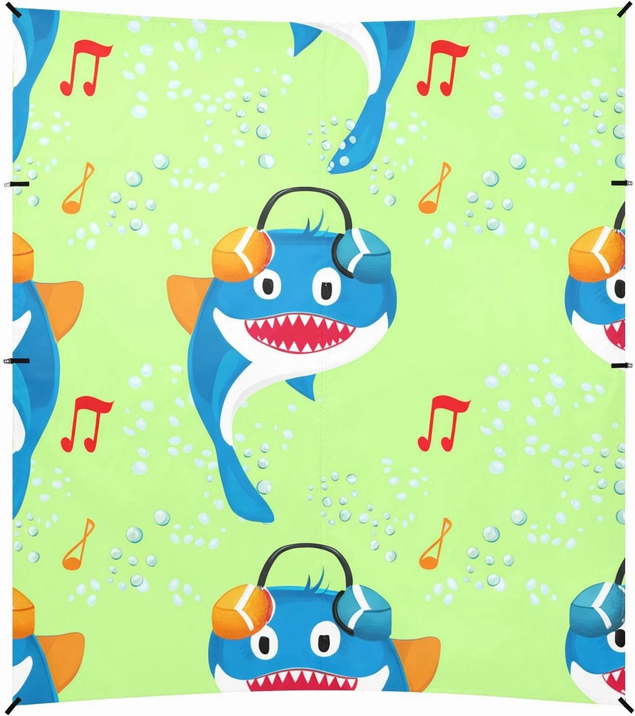 Beach Canopy with Windproof Ropes & Sandbags, Easy Setup Beach Shade Canopy for Camping, Trips, Fishing, Backyard Fun or Picnics, (Sharks Wearing Headphones)