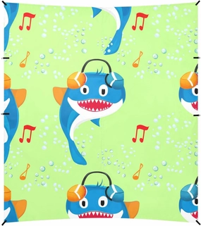 Beach Canopy with Windproof Ropes & Sandbags, Easy Setup Beach Shade Canopy for Camping, Trips, Fishing, Backyard Fun or Picnics, (Sharks Wearing Headphones)