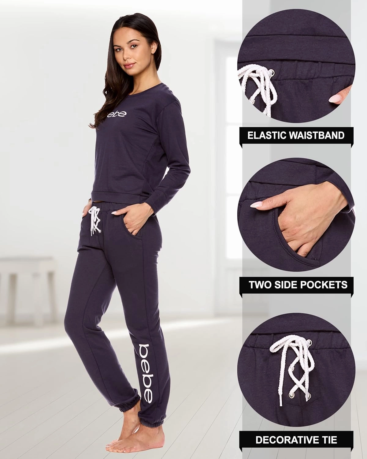 bebe Womens Pajama Sets - French Terry Pajamas Long Sleeve Pullover Top and PJ Pants with Pockets - Sleepwear for Women