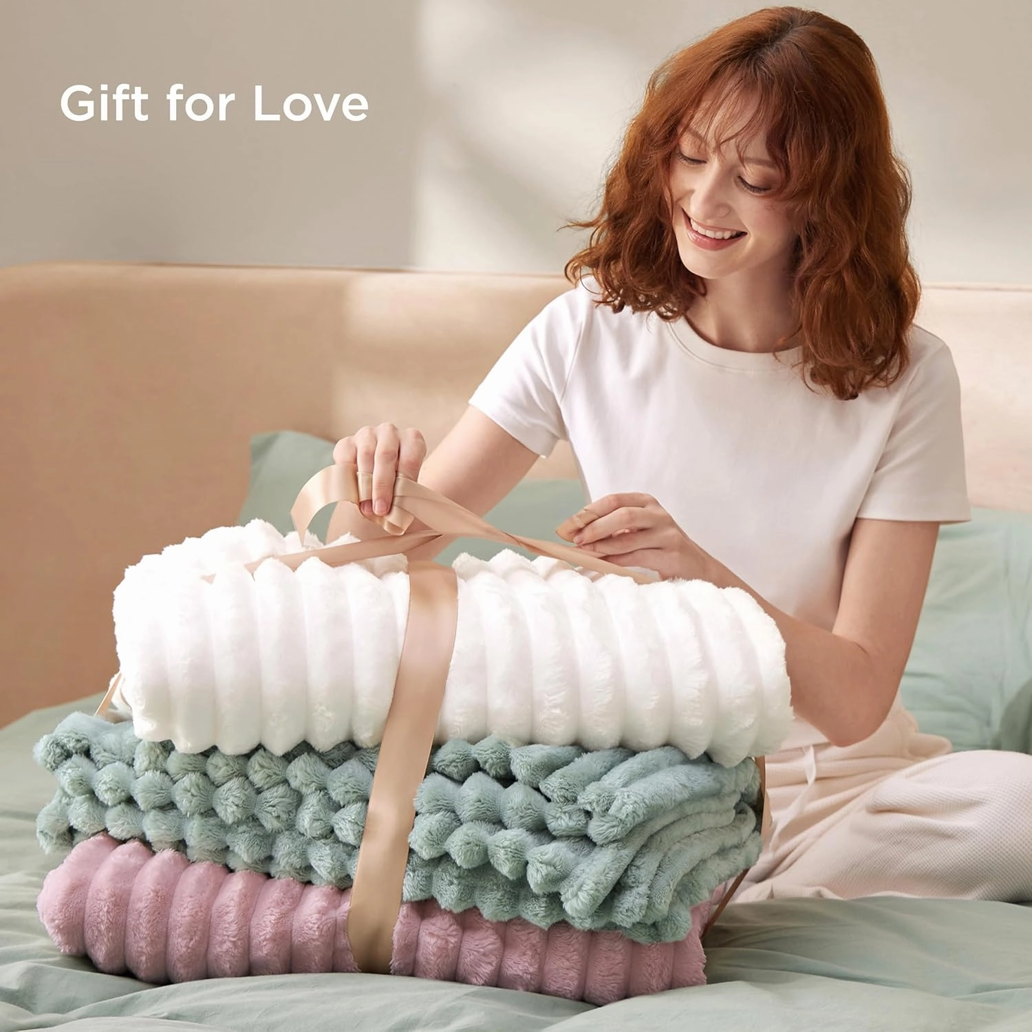 Bedsure Blankets Queen Size for Bed - GentleSoft Cozy Soft Blankets for Women, Cute Large Bedding Fleece Throws for Girls, Off White, 90x90 Inches