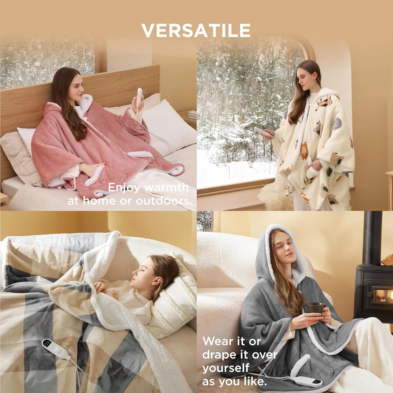 Bedsure Heated Blanket Wearable Shawl - Electric Wrap Poncho Blanket Hoodie Adult as Winter Gifts for Mom Women Girlfriend, Warm Sherpa Heating Throw, Auto Shut Off, 50x64 inches, Beige Plaid Pattern