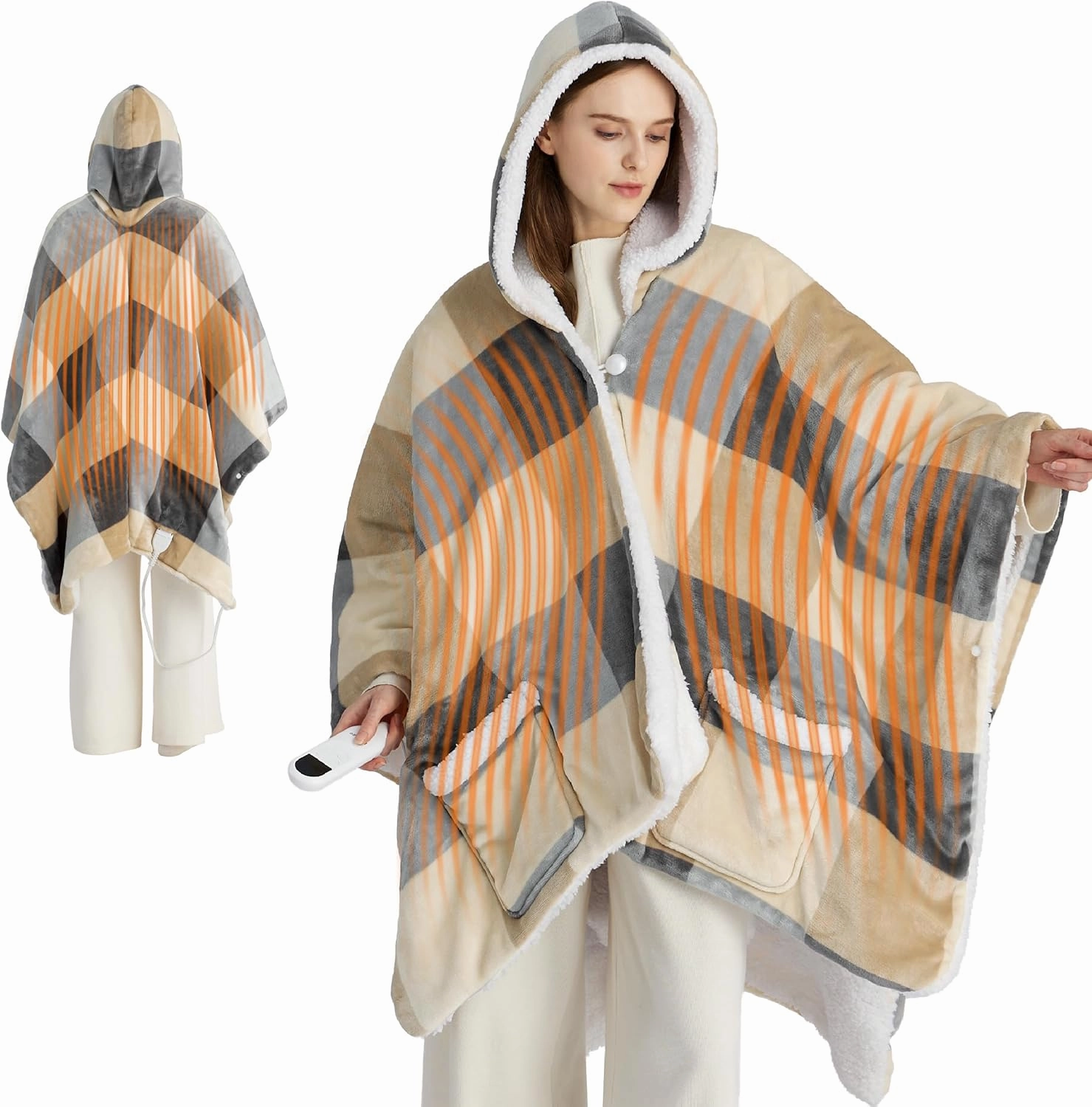 Bedsure Heated Blanket Wearable Shawl - Electric Wrap Poncho Blanket Hoodie Adult as Winter Gifts for Mom Women Girlfriend, Warm Sherpa Heating Throw, Auto Shut Off, 50x64 inches, Beige Plaid Pattern