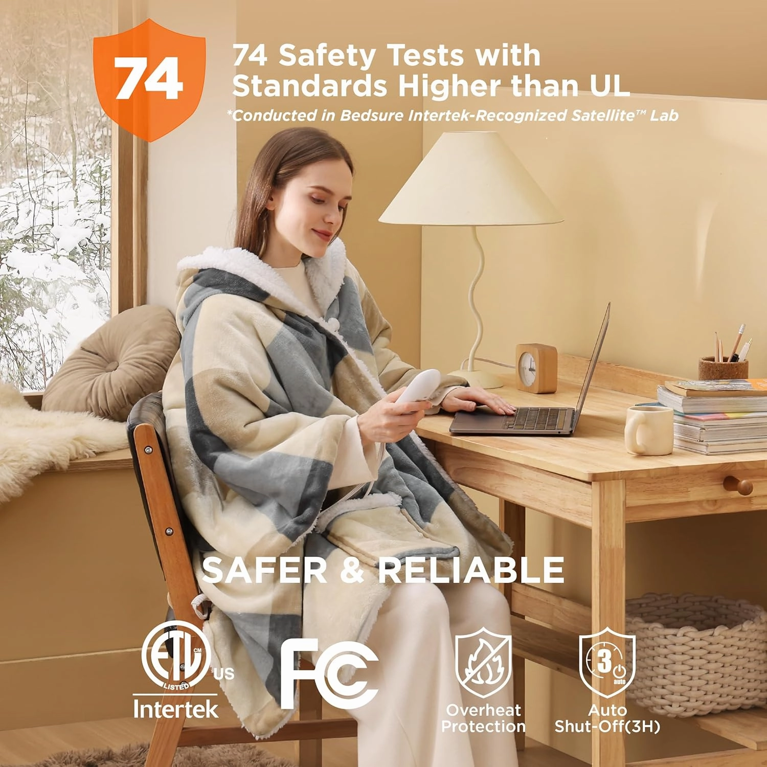 Bedsure Heated Blanket Wearable Shawl - Electric Wrap Poncho Blanket Hoodie Adult as Winter Gifts for Mom Women Girlfriend, Warm Sherpa Heating Throw, Auto Shut Off, 50x64 inches, Beige Plaid Pattern