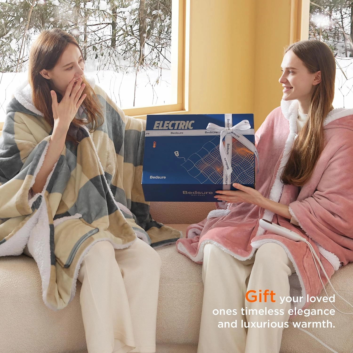 Bedsure Heated Blanket Wearable Shawl - Electric Wrap Poncho Blanket Hoodie Adult as Winter Gifts for Mom Women Girlfriend, Warm Sherpa Heating Throw, Auto Shut Off, 50x64 inches, Beige Plaid Pattern
