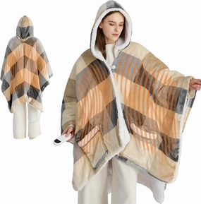 Bedsure Heated Blanket Wearable Shawl - Electric Wrap Poncho Blanket Hoodie Adult as Winter Gifts for Mom Women Girlfriend, Warm Sherpa Heating Throw, Auto Shut Off, 50x64 inches, Beige Plaid Pattern