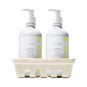 Beekman 1802 Hand Wash & Lotion Ceramic Caddy Set, Pure - Fragrance Free - 12.5 oz Each - Cleanses & Hydrates Dry Hands - With Goat Milk - Good for Sensitive Skin - Cruelty Free - Packaging May Vary