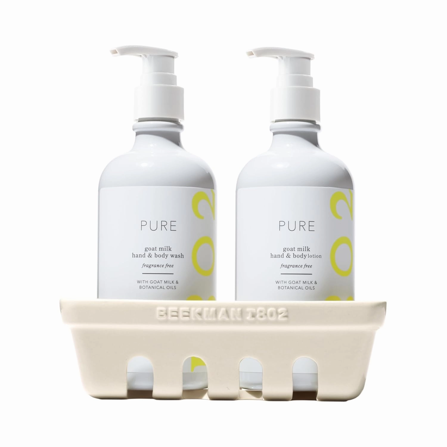 Beekman 1802 Hand Wash & Lotion Ceramic Caddy Set, Pure - Fragrance Free - 12.5 oz Each - Cleanses & Hydrates Dry Hands - With Goat Milk - Good for Sensitive Skin - Cruelty Free - Packaging May Vary