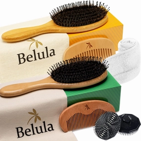Belula His and Hers 100% Boar Bristle Hair Brush Set. Soft Natural Bristles Thick, Long or Curly Hair. Restore Hair's Shine and Health.