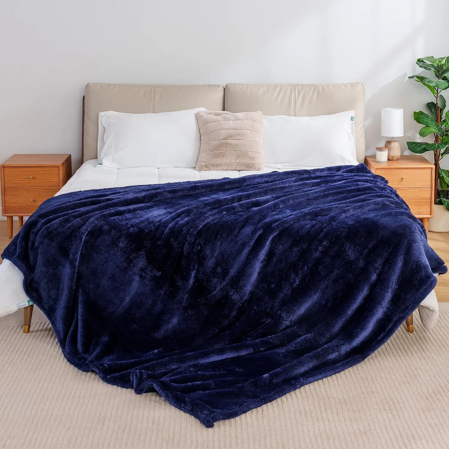 Berkshire Blanket Classic Extra-Fluffy™ Plush Blanket, Queen Size Bed Blanket, Soft Fuzzy Fluffy Long Hair Blanket for Couch Sofa Bed, Atlantis Dark Blue, 90x90 Inches