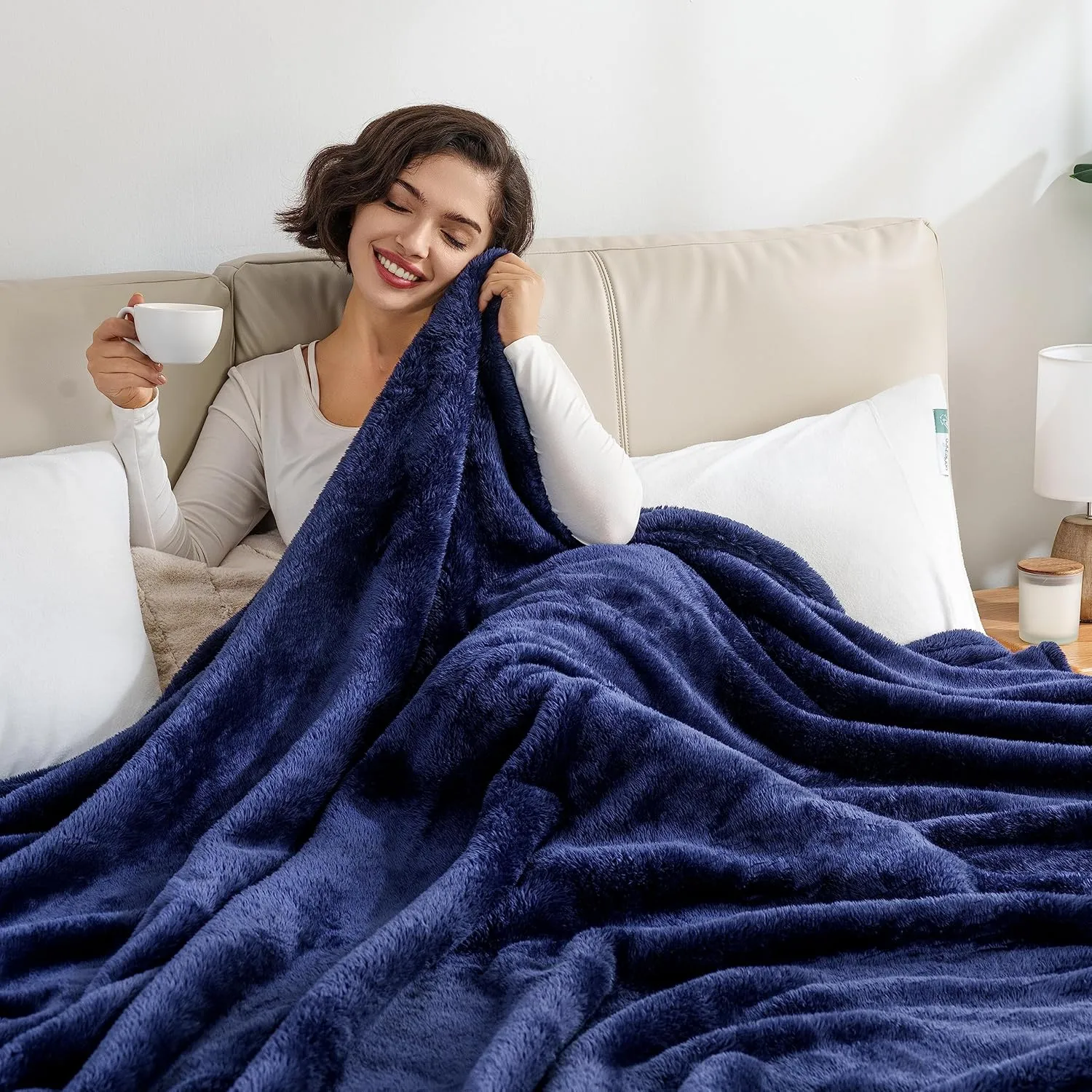 Berkshire Blanket Classic Extra-Fluffy™ Plush Blanket, Queen Size Bed Blanket, Soft Fuzzy Fluffy Long Hair Blanket for Couch Sofa Bed, Atlantis Dark Blue, 90x90 Inches