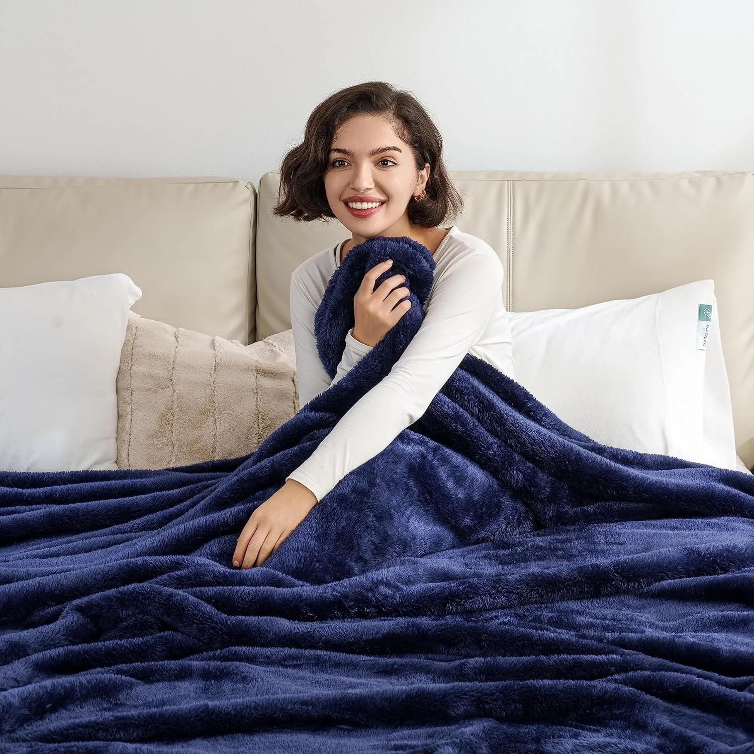 Berkshire Blanket Classic Extra-Fluffy™ Plush Blanket, Queen Size Bed Blanket, Soft Fuzzy Fluffy Long Hair Blanket for Couch Sofa Bed, Atlantis Dark Blue, 90x90 Inches