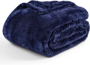 Berkshire Blanket Classic Extra-Fluffy™ Plush Blanket, Queen Size Bed Blanket, Soft Fuzzy Fluffy Long Hair Blanket for Couch Sofa Bed, Atlantis Dark Blue, 90x90 Inches