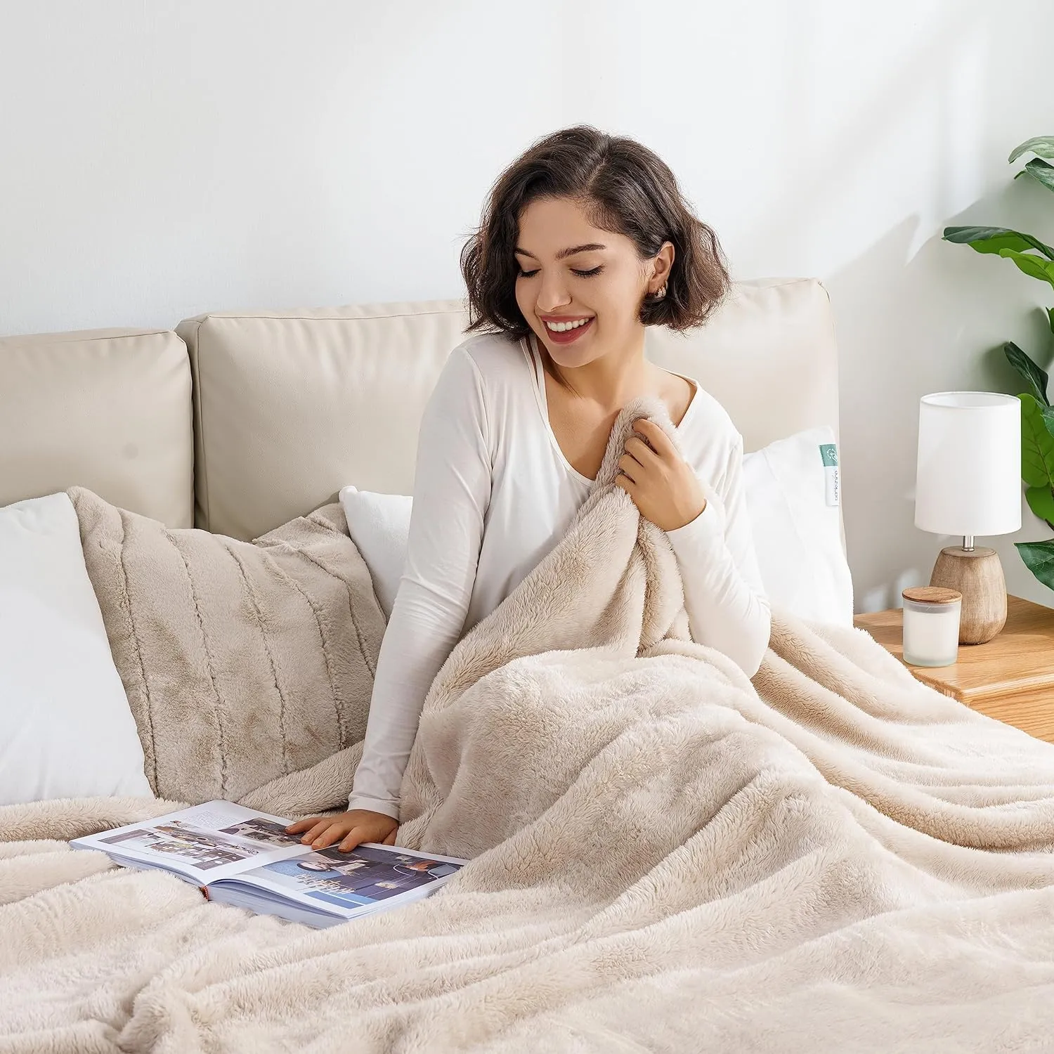 Berkshire Blanket Classic Extra-Fluffy™ Plush Blanket, Queen Size Bed Blanket, Soft Fuzzy Fluffy Long Hair Blanket for Couch Sofa Bed, Chino Khaki, 90x90 Inches
