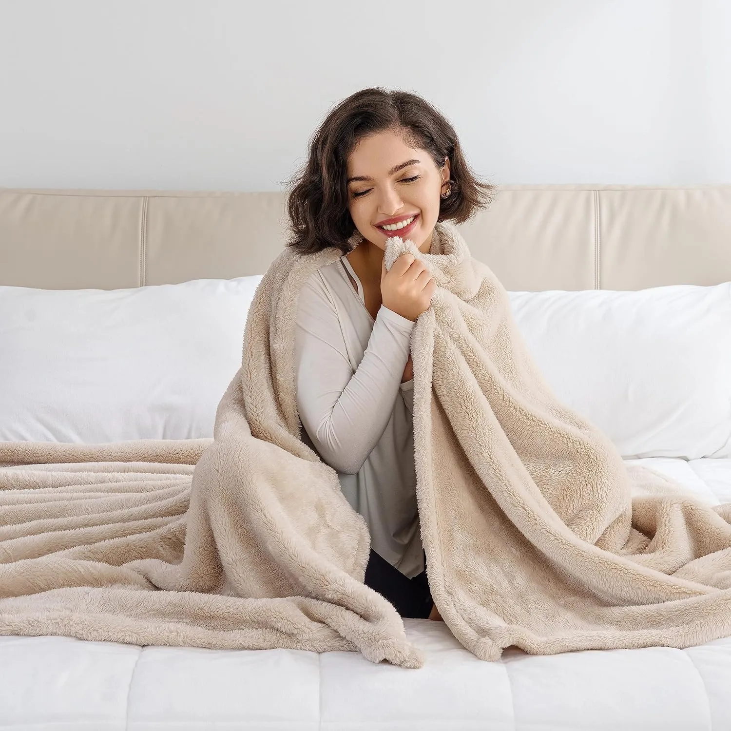 Berkshire Blanket Classic Extra-Fluffy™ Plush Blanket, Queen Size Bed Blanket, Soft Fuzzy Fluffy Long Hair Blanket for Couch Sofa Bed, Chino Khaki, 90x90 Inches