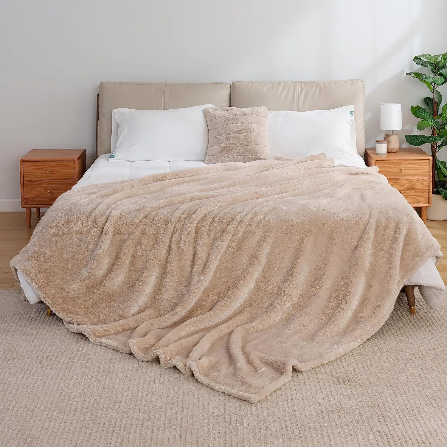 Berkshire Blanket Classic Extra-Fluffy™ Plush Blanket, Queen Size Bed Blanket, Soft Fuzzy Fluffy Long Hair Blanket for Couch Sofa Bed, Chino Khaki, 90x90 Inches