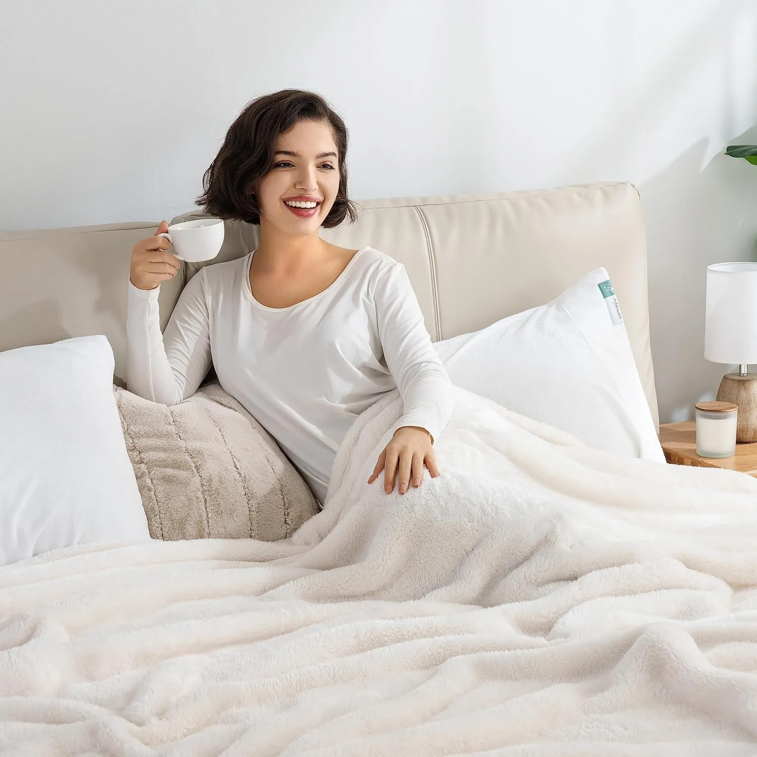 Berkshire Blanket Classic Extra-Fluffy™ Plush Blanket, Queen Size Bed Blanket, Soft Fuzzy Fluffy Long Hair Blanket for Couch Sofa Bed, Cream, 90x90 Inches