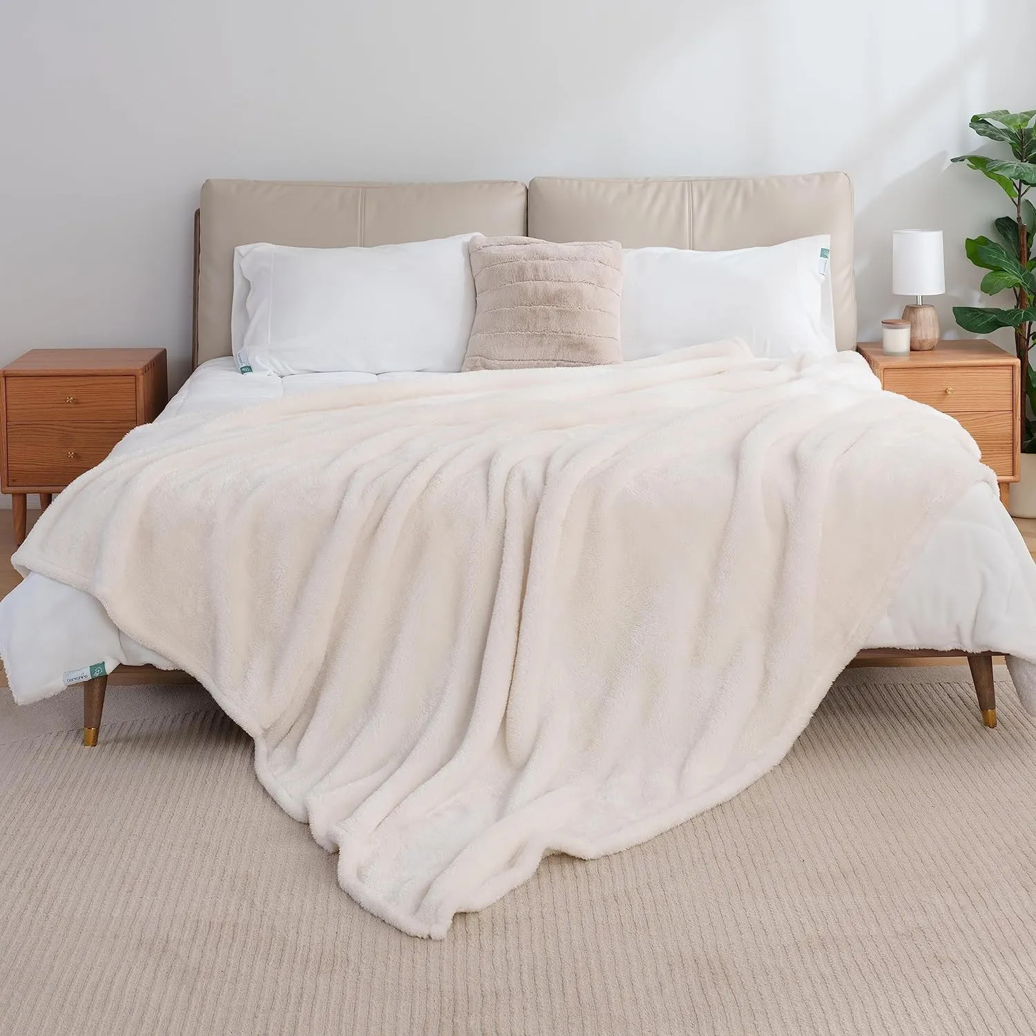 Berkshire Blanket Classic Extra-Fluffy™ Plush Blanket, Queen Size Bed Blanket, Soft Fuzzy Fluffy Long Hair Blanket for Couch Sofa Bed, Cream, 90x90 Inches