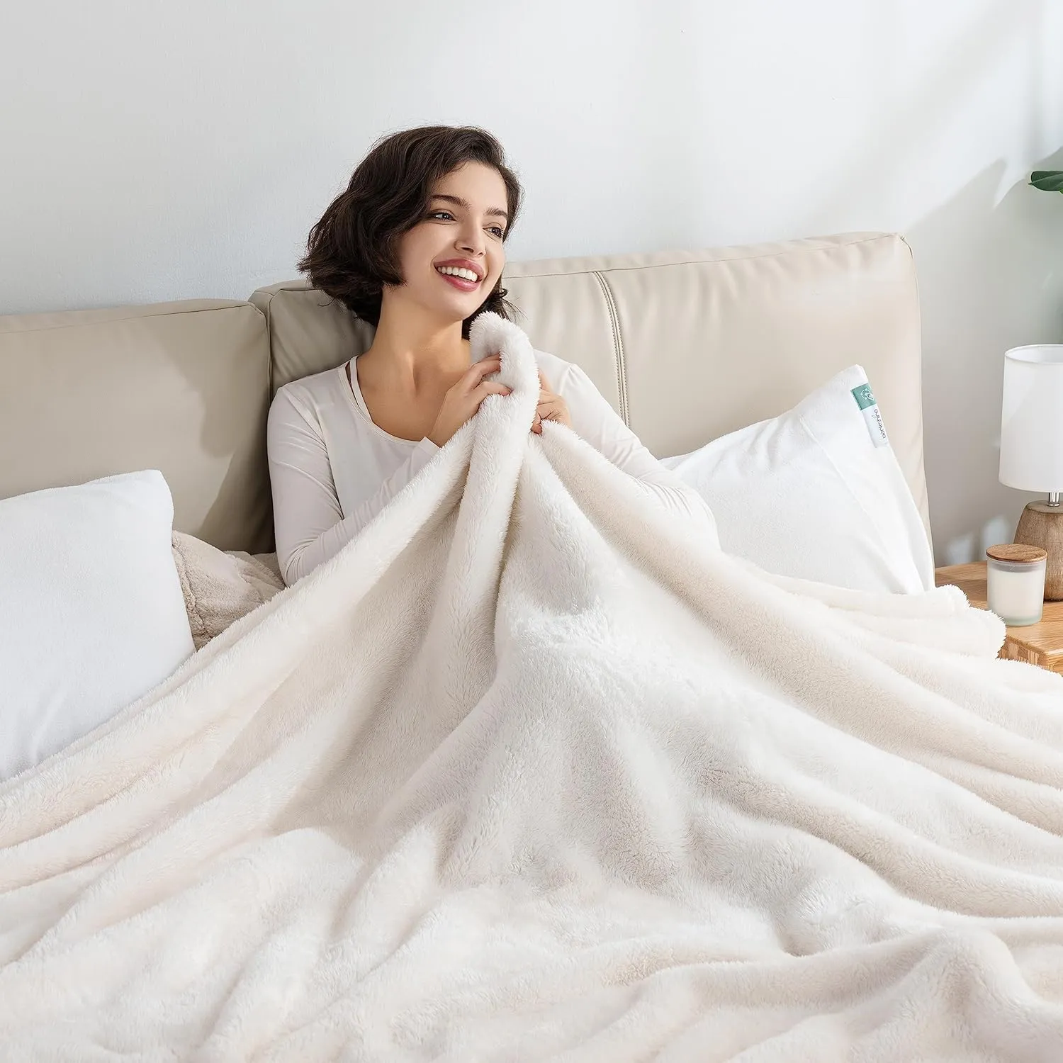 Berkshire Blanket Classic Extra-Fluffy™ Plush Blanket, Queen Size Bed Blanket, Soft Fuzzy Fluffy Long Hair Blanket for Couch Sofa Bed, Cream, 90x90 Inches