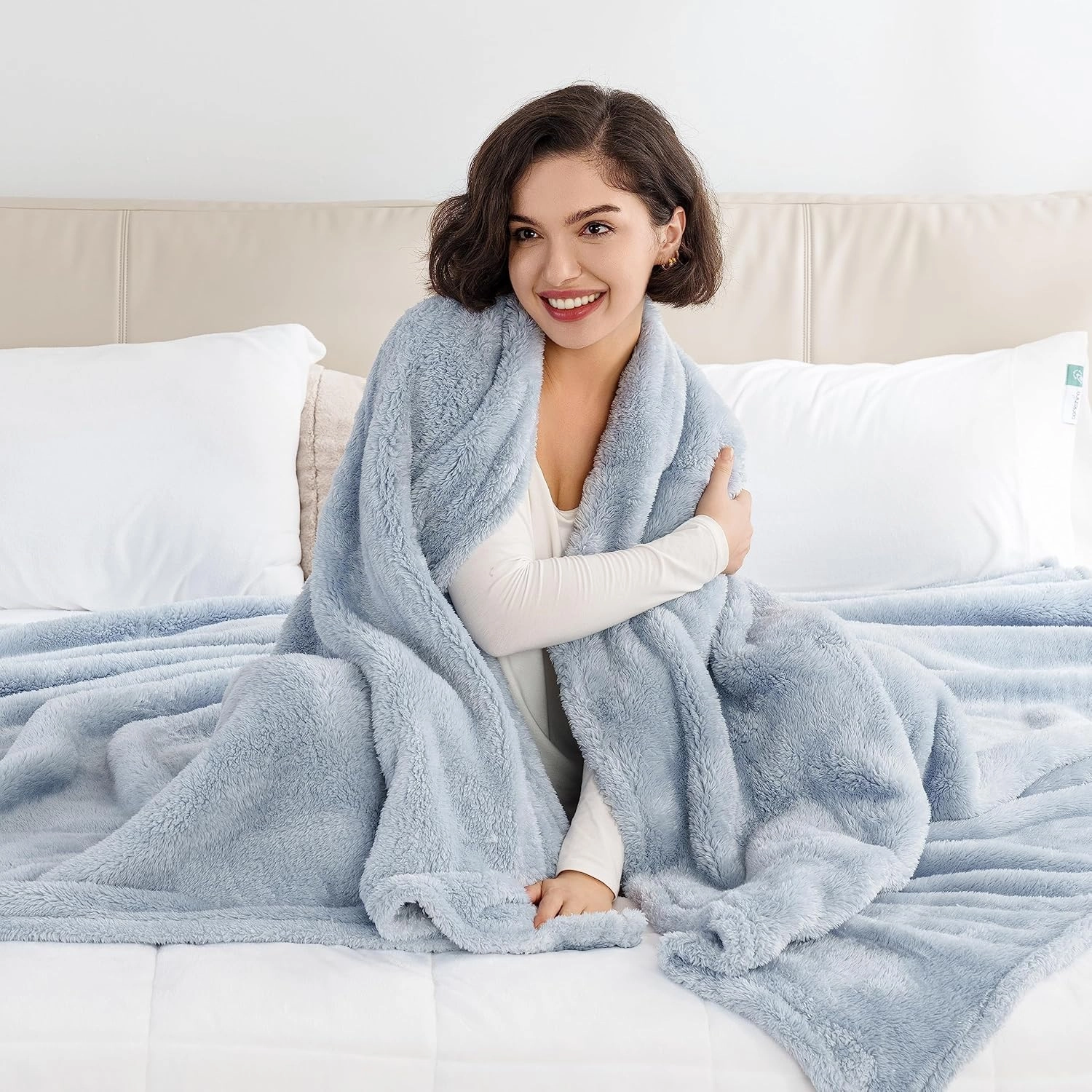 Berkshire Blanket Classic Extra-Fluffy™ Plush Blanket, Queen Size Bed Blanket, Soft Fuzzy Fluffy Long Hair Blanket for Couch Sofa Bed, Blue Mist, 90x90 Inches