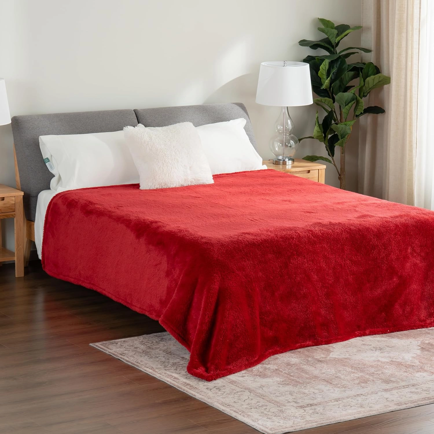 Berkshire Blanket Classic Extra-Fluffy™ Plush Blanket, Queen Size Bed Blanket, Soft Fuzzy Fluffy Long Hair Blanket for Couch Sofa Bed, Chili, 90x90 Inches