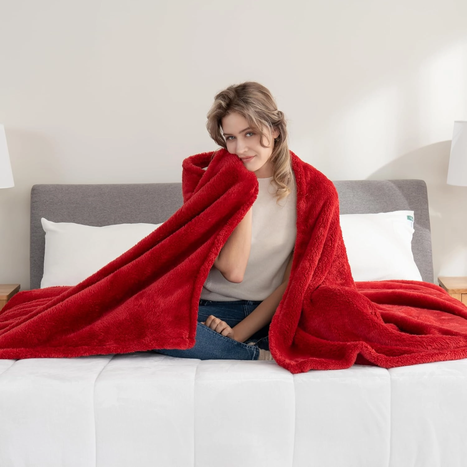 Berkshire Blanket Classic Extra-Fluffy™ Plush Blanket, Queen Size Bed Blanket, Soft Fuzzy Fluffy Long Hair Blanket for Couch Sofa Bed, Chili, 90x90 Inches