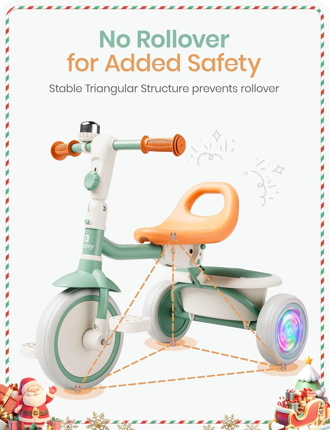 besrey Kids Tricycle with Flash Wheels for Ages 18 Months to 5 Years, Toddler Tricycle with Bell, Kids Tricycle, Gift for 2-5 Year Olds, Gift and Toy for Boys and Girls, Tricycle for Toddlers, Green