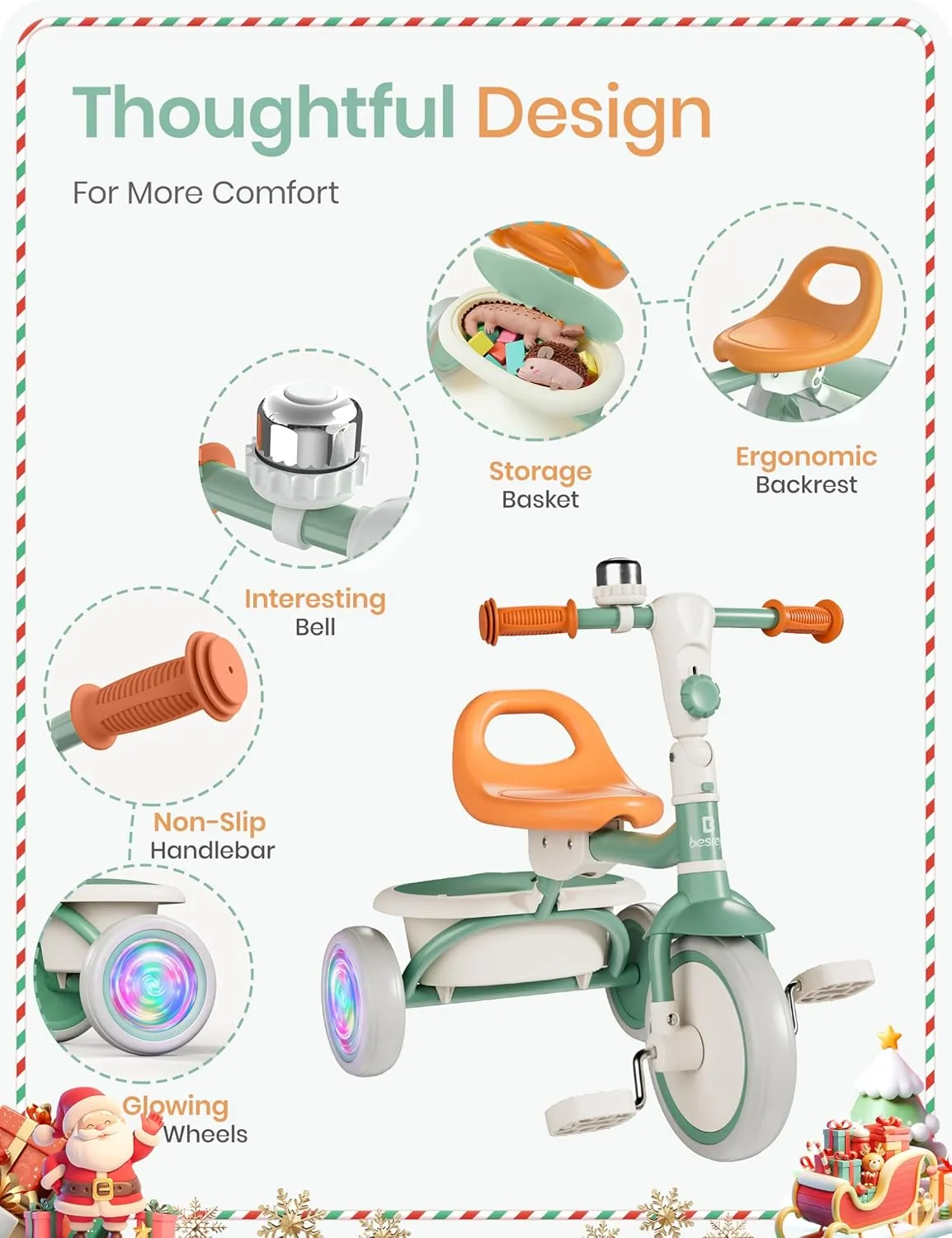 besrey Kids Tricycle with Flash Wheels for Ages 18 Months to 5 Years, Toddler Tricycle with Bell, Kids Tricycle, Gift for 2-5 Year Olds, Gift and Toy for Boys and Girls, Tricycle for Toddlers, Green