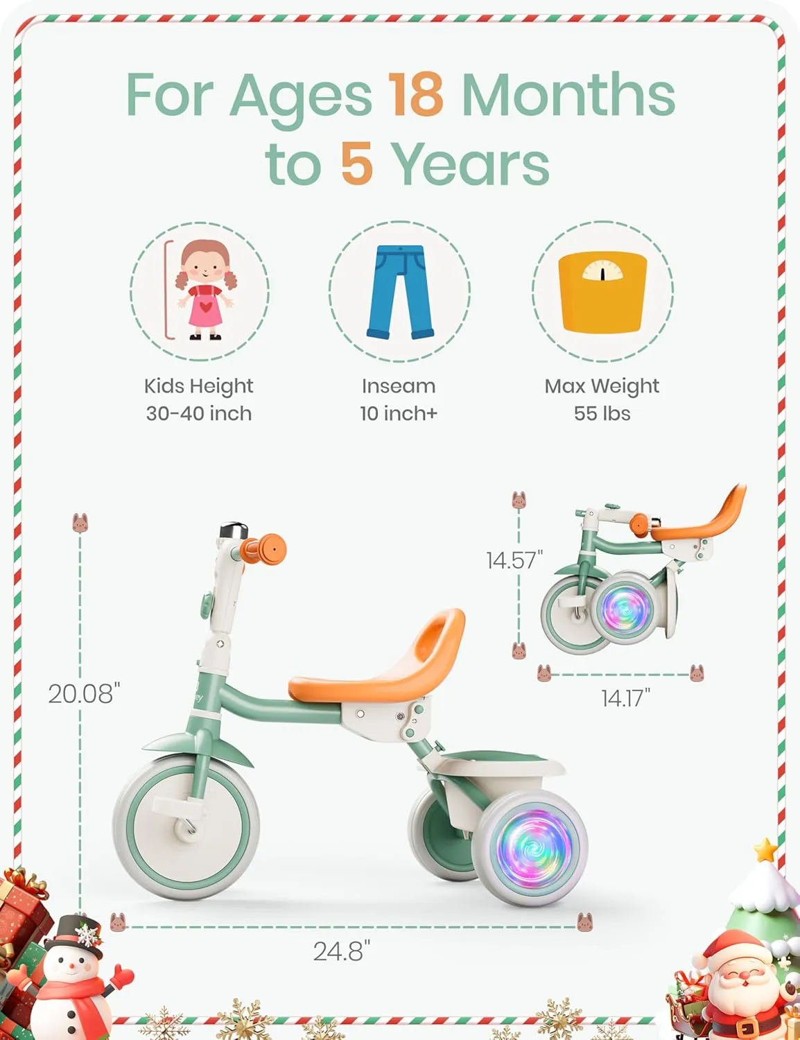 besrey Kids Tricycle with Flash Wheels for Ages 18 Months to 5 Years, Toddler Tricycle with Bell, Kids Tricycle, Gift for 2-5 Year Olds, Gift and Toy for Boys and Girls, Tricycle for Toddlers, Green