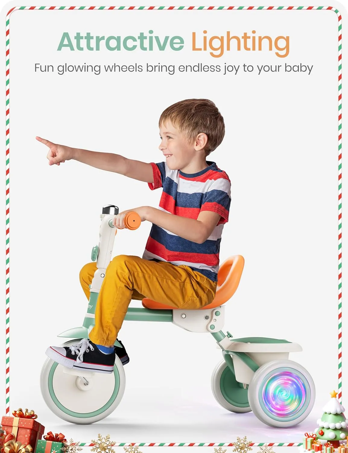 besrey Kids Tricycle with Flash Wheels for Ages 18 Months to 5 Years, Toddler Tricycle with Bell, Kids Tricycle, Gift for 2-5 Year Olds, Gift and Toy for Boys and Girls, Tricycle for Toddlers, Green