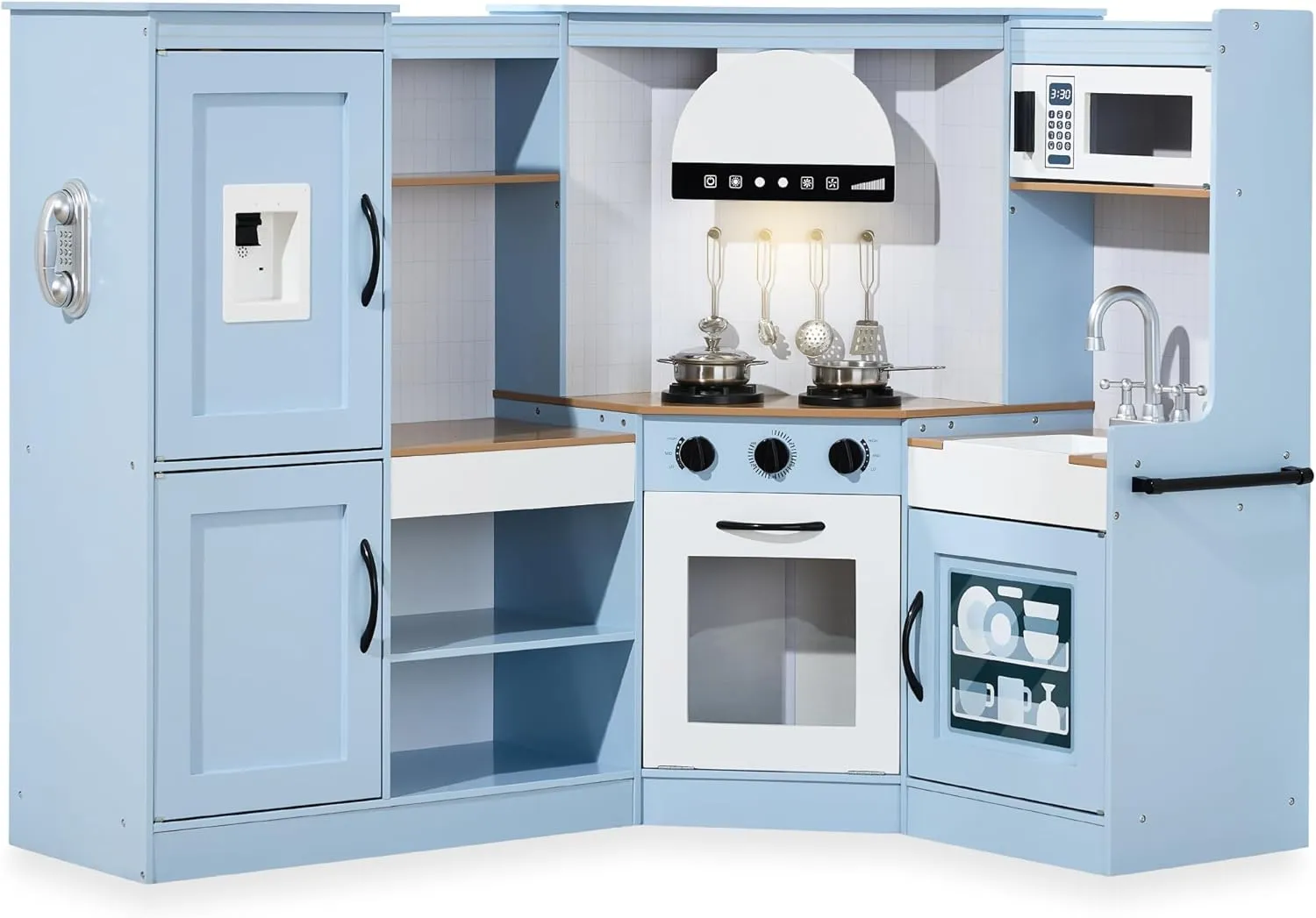 Best Choice Products Pretend Play Corner Kitchen, Ultimate Interactive Wooden Kids Playset w/Lights & Sounds, Ice Maker, Hood - Coastal Blue