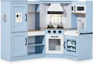 Best Choice Products Pretend Play Corner Kitchen, Ultimate Interactive Wooden Kids Playset w/Lights & Sounds, Ice Maker, Hood - Coastal Blue