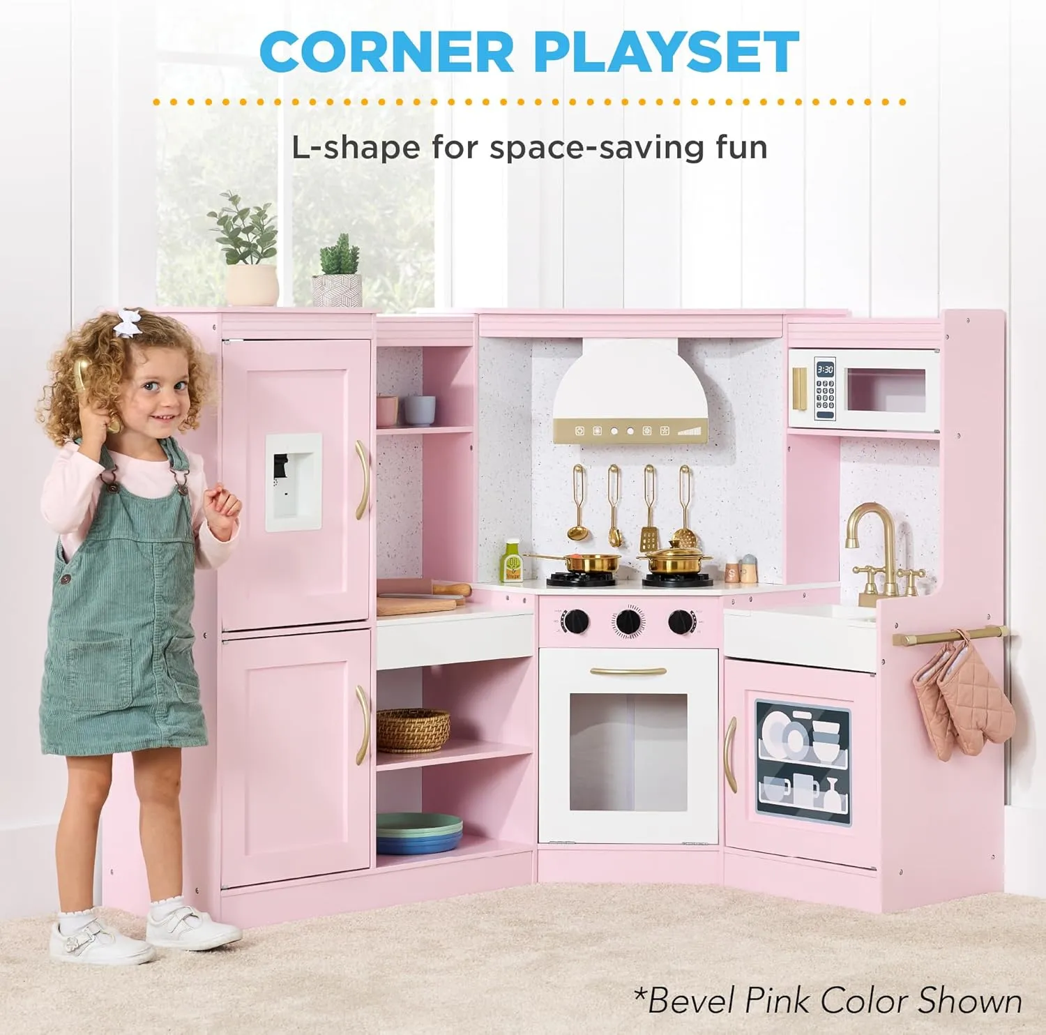Best Choice Products Pretend Play Corner Kitchen, Ultimate Interactive Wooden Kids Playset w/Lights & Sounds, Ice Maker, Hood - Pink