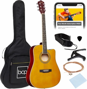 Best Choice Products 41in Beginner Acoustic Guitar Full Size All Wood Cutaway Guitar Starter Set w/Case, Strap, Capo, Strings, Picks - Aged Natural