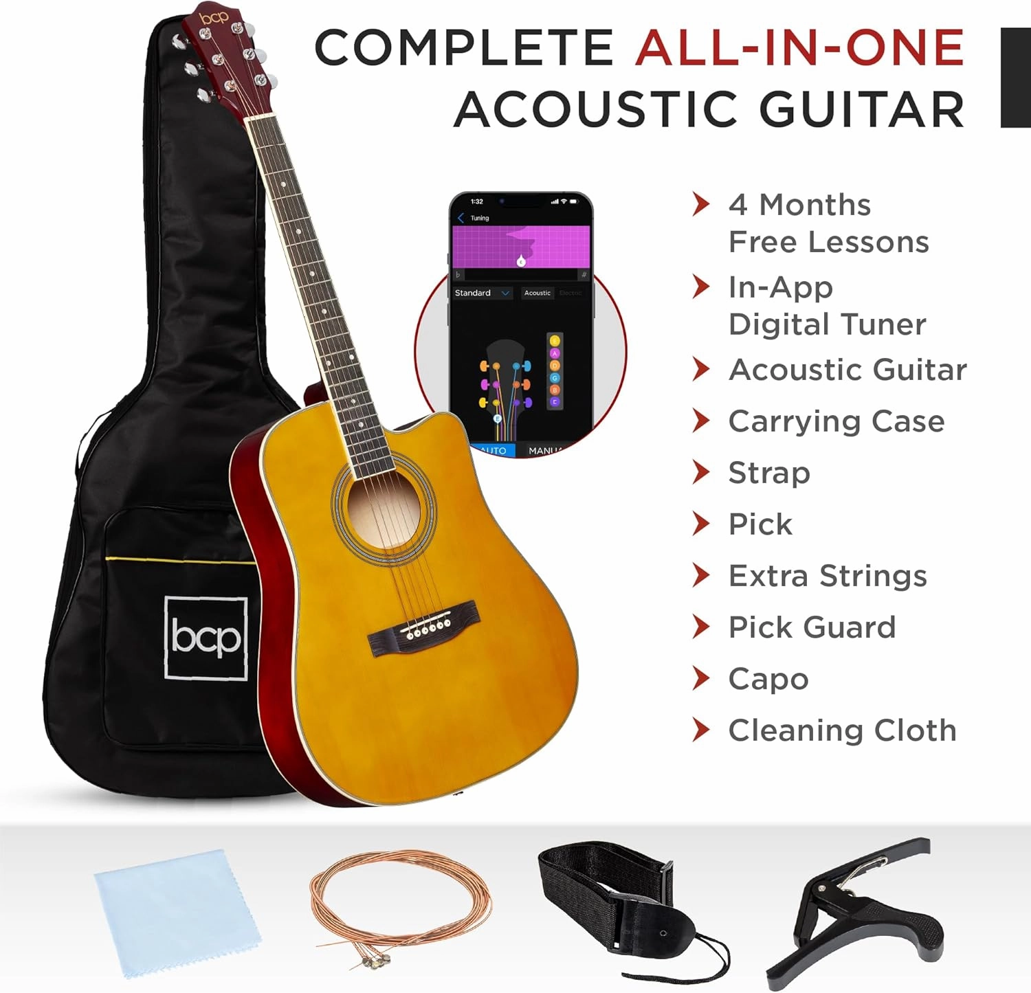 Best Choice Products 41in Beginner Acoustic Guitar Full Size All Wood Cutaway Guitar Starter Set w/Case, Strap, Capo, Strings, Picks - Aged Natural