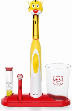 Beurer TB10 Kids Electric Toothbrush Kit - Fun Theo The Tiger Cap with 2 Extra-Soft Brush Heads to Help Remove Plaque, 2 Minute Timer, and Rinse Cup, BPA-Free, Safe for Ages 3 