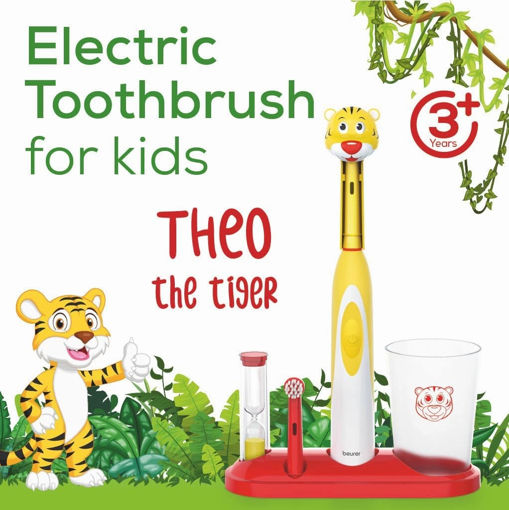 Beurer TB10 Kids Electric Toothbrush Kit - Fun Theo The Tiger Cap with 2 Extra-Soft Brush Heads to Help Remove Plaque, 2 Minute Timer, and Rinse Cup, BPA-Free, Safe for Ages 3 