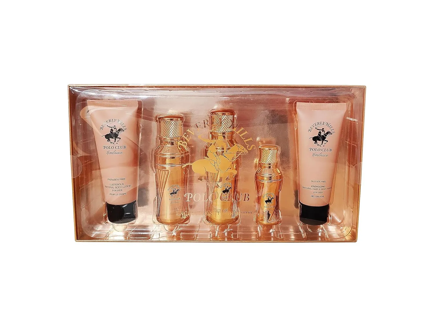 Beverly Hills Polo Club BHPC Embrace Women's Exclusive 5 Piece Set Fragrance Collection with Natural Body Lotion, Eau de Parfum (1.7oz & 0.5oz), and Hair Body Wash - Perfect Holiday Gift for Her