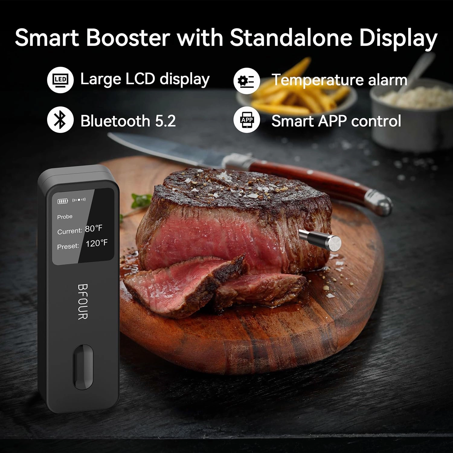 BFOUR Meat Thermometer Digital Wireless with LCD Booster, Bluetooth Food Cooking Thermometer with Smart App, 524FT Remote Range, 100% Waterproof & 752°F Heat Resistant Probe for BBQ Oven Grill Smoker