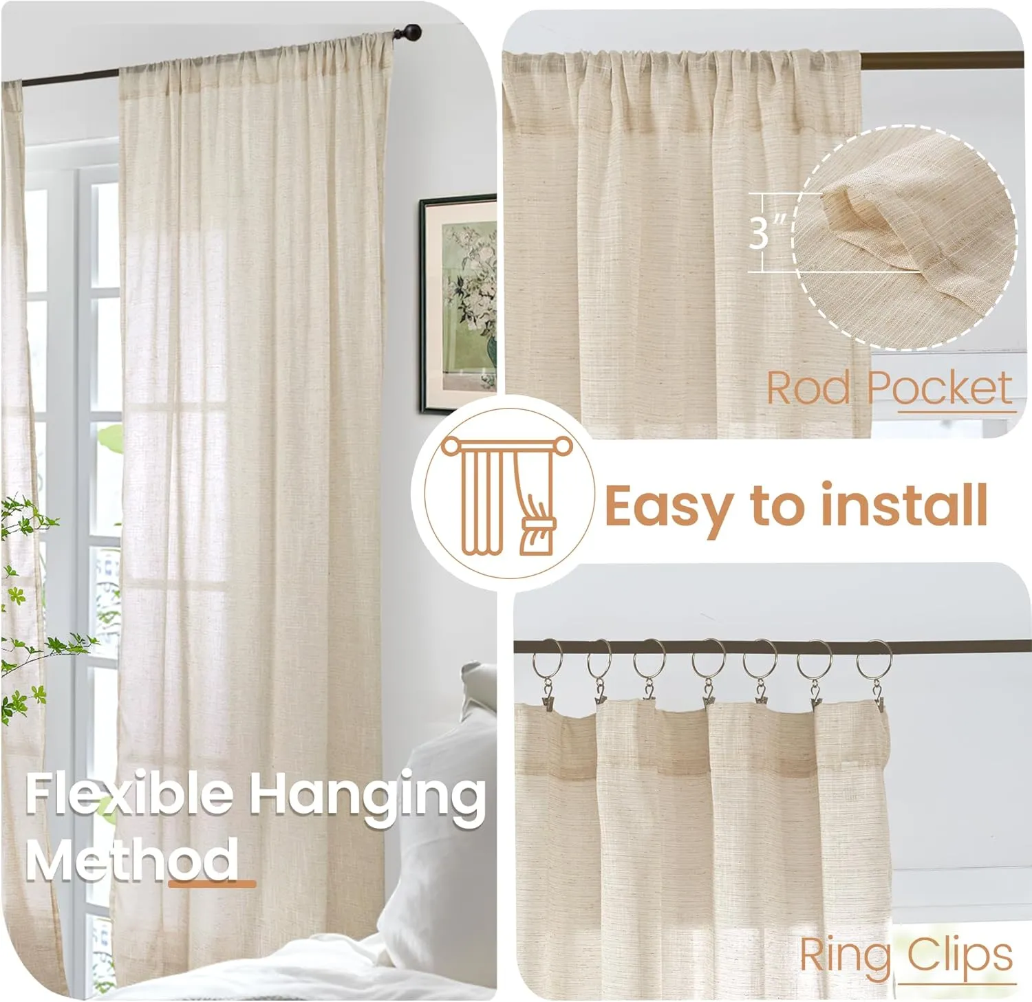 BGment Burlap Linen Semi Sheer Curtains for Living Room 84 Inch Length - Rod Pocket Natural Textured Drapes Light Filtering for Bedroom Farmhouse Lightweight Rustic, 2 Panels Set, 52 X 84 Inch