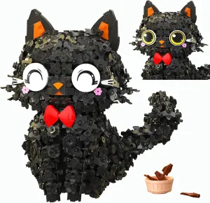 Black Flower Cat Mini Brick Set | Creative Blossom Puss Building Toy for Adults & Kids | Cute Animal Model Desk Decoration Gift (1651pcs)