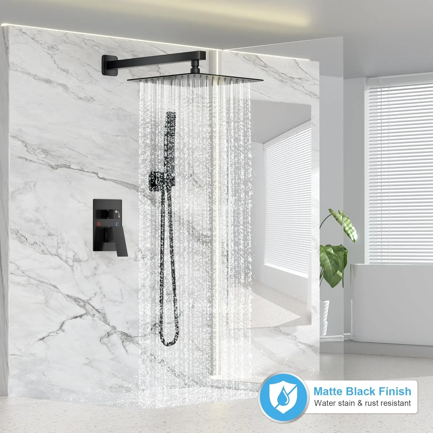 Black Shower Faucet Set, Rainfall Shower System with Square Shower Head and Handle Set, Wall Mounted Shower Fixtures, Full Metal Trim Repair Kit 12 inch Matte Black (With Shower Valve)