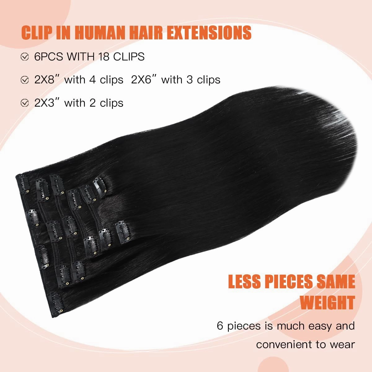 Black Hair Extensions Clip in Real Human Hair 70g 18 Inches 100% Remy Human Hair Natural Black Straight Double Weft for Full Head 7pcs 16clips One Pack