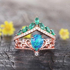 Black Opal Emerald Engagement Ring Set Rose Gold Vintage Antique Floral Wedding Ring