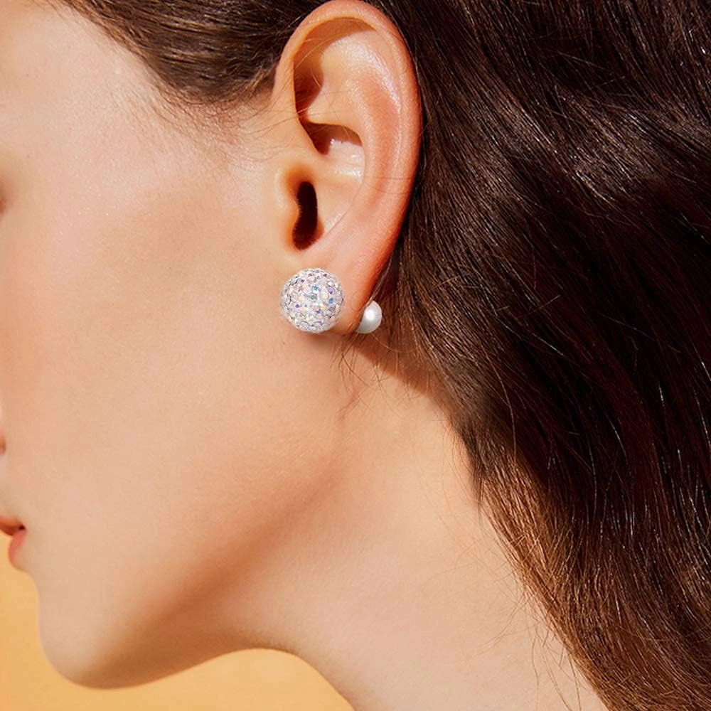 Blingest Pearl Crystal Double Sided Stud Earrings Front Back Catch Earring for Women 10mm
