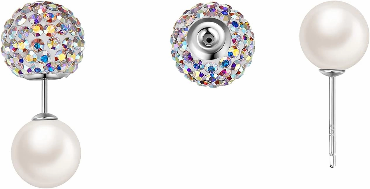 Blingest Pearl Crystal Double Sided Stud Earrings Front Back Catch Earring for Women 10mm
