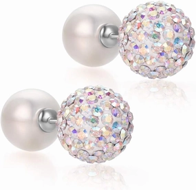 Blingest Pearl Crystal Double Sided Stud Earrings Front Back Catch Earring for Women 10mm