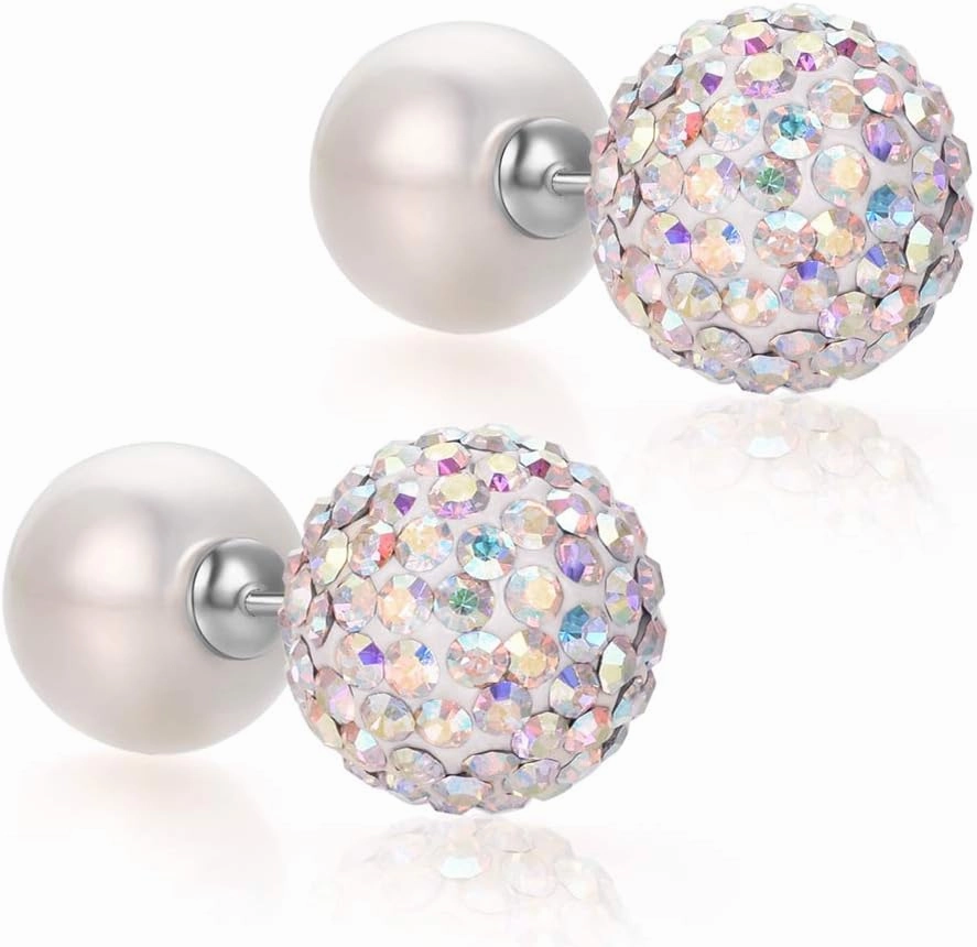 Blingest Pearl Crystal Double Sided Stud Earrings Front Back Catch Earring for Women 10mm